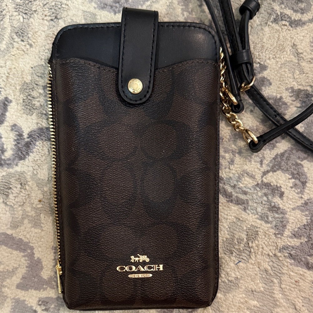 Coach Dark Brown Crossbody Wallet with Gold Details